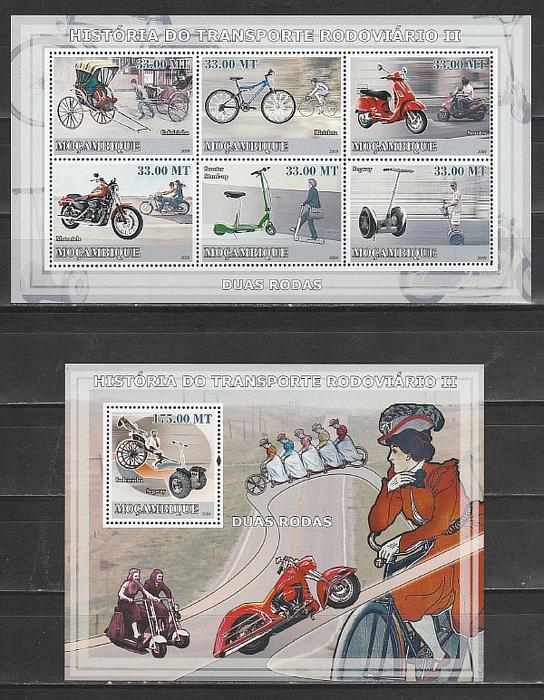 История Мотоцикла, Мозамбик 2009, малый лист + блок